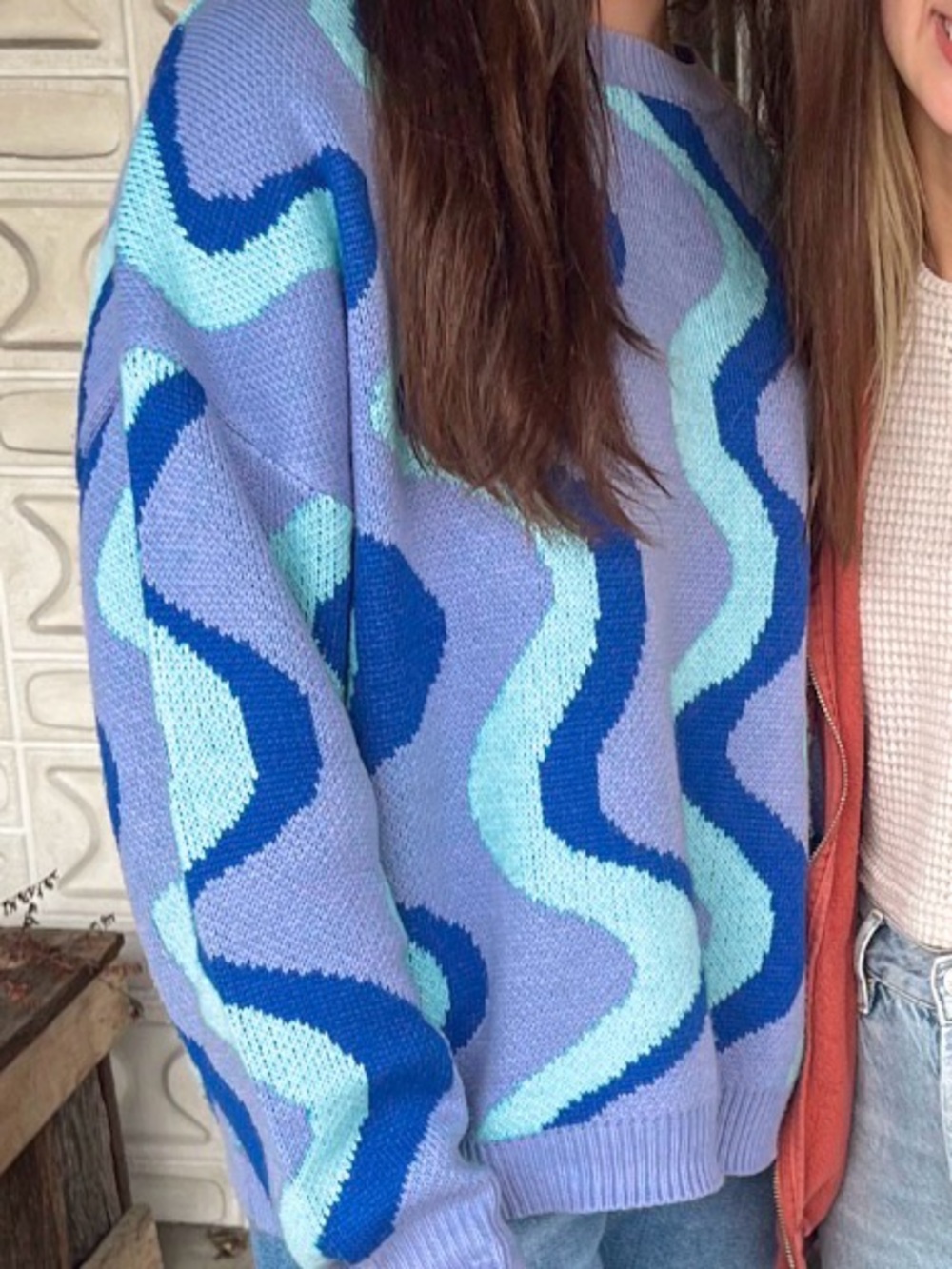 Wavy Pattern Purple & Blue Knit Sweater - Casual Women’s Pullover